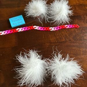 White feather fluff earrings and red pink chain necklace rave accessory bundle